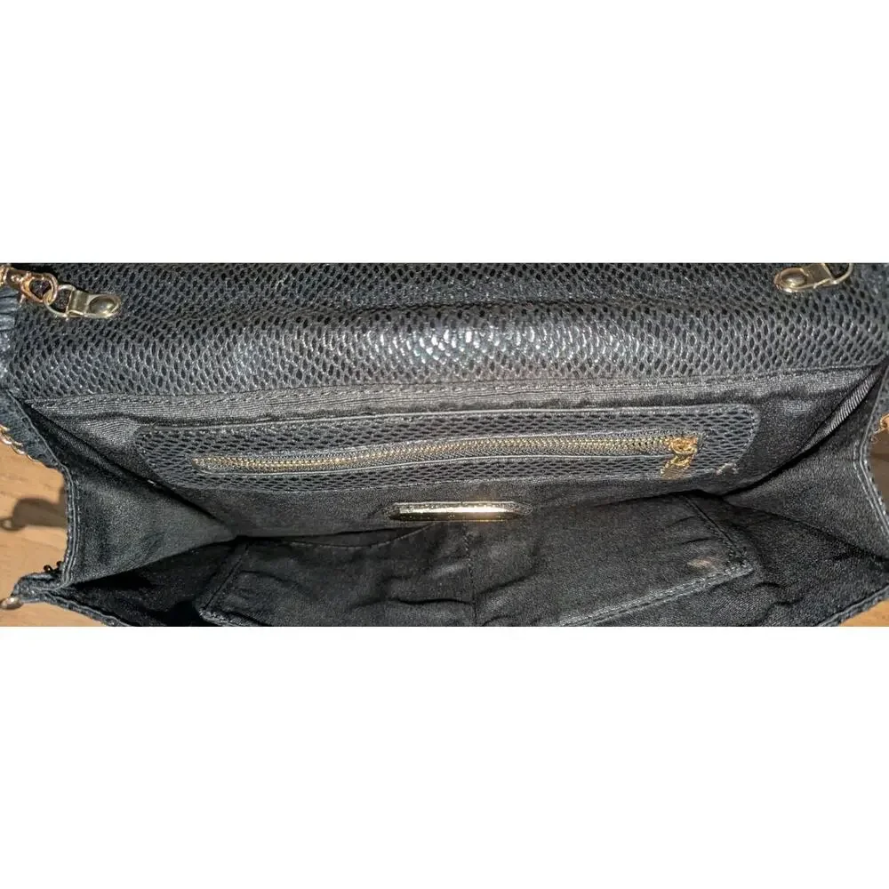 Black Snakeskin Faux Leather Clutch Crossbody Bag Gold Chain Strap Foldover Purs